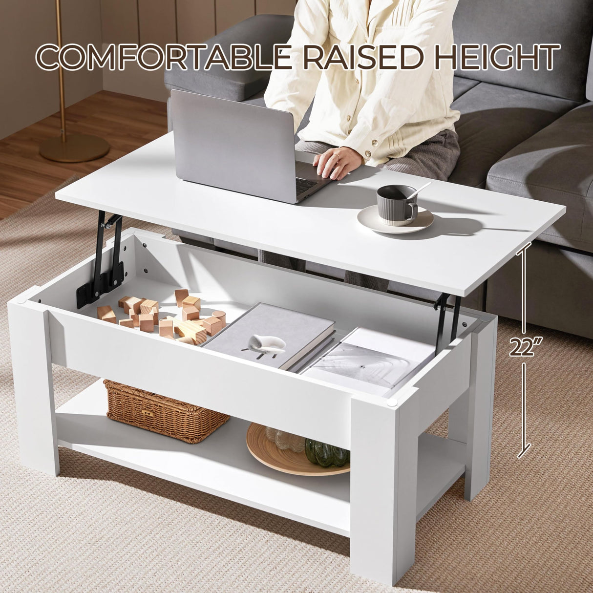 Lift Top Coffee Table w/Hidden Storage Compartment and Storage Shelf - Lift Tabletop