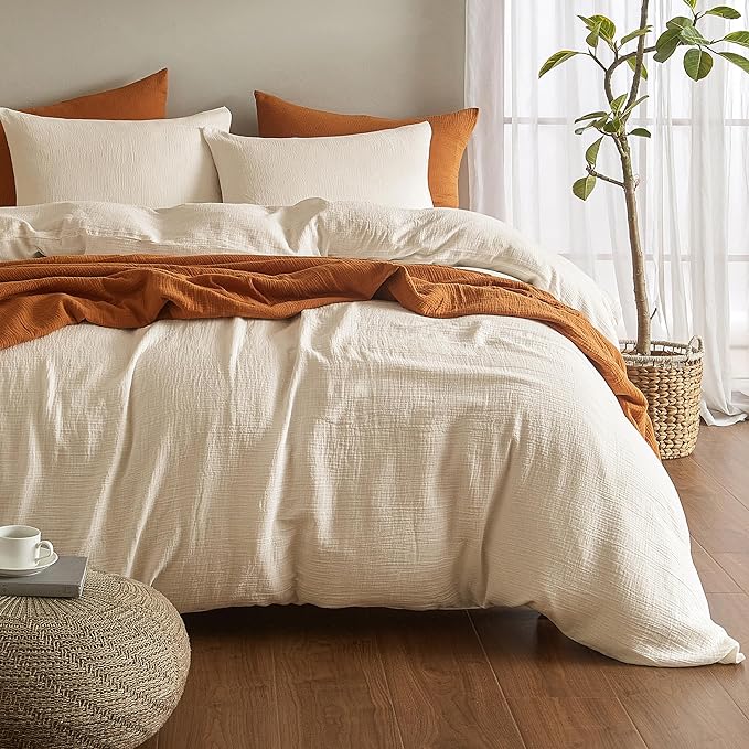 Muslin Duvet Cover Queen Size, 100% Washed Cotton Duvet Cover Set
