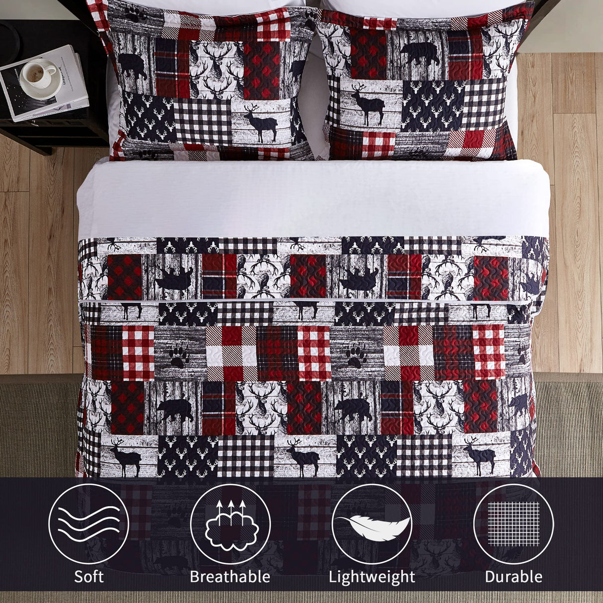 Cabin Quilt Set Queen, Christmas Rustic Quilt Coverlet Bed Set, 3-Piece Lightweight