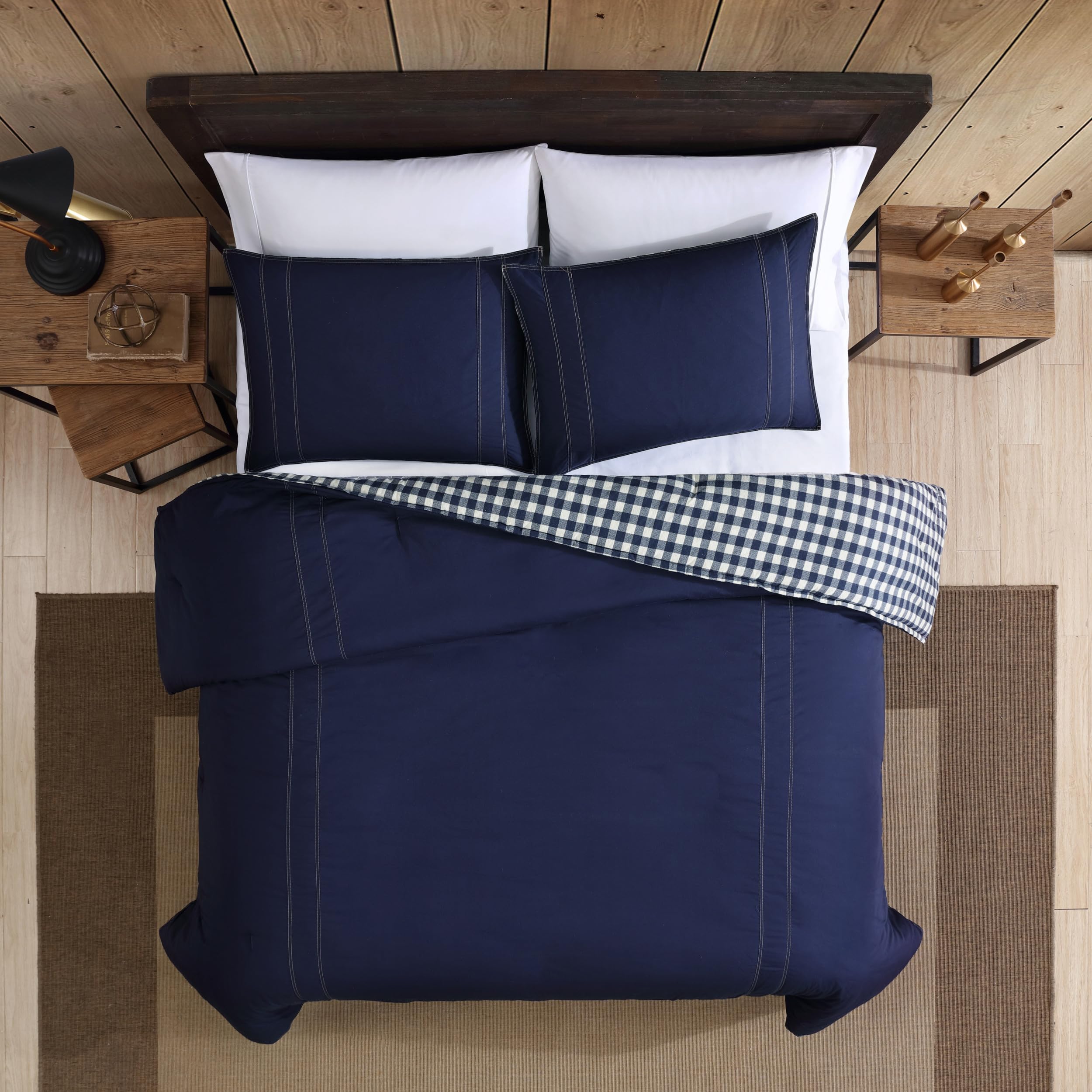 King Comforter Set, Reversible Cotton Bedding with Matching Shams, Pre-Washed for Added Softness (Kingston Navy, King)
