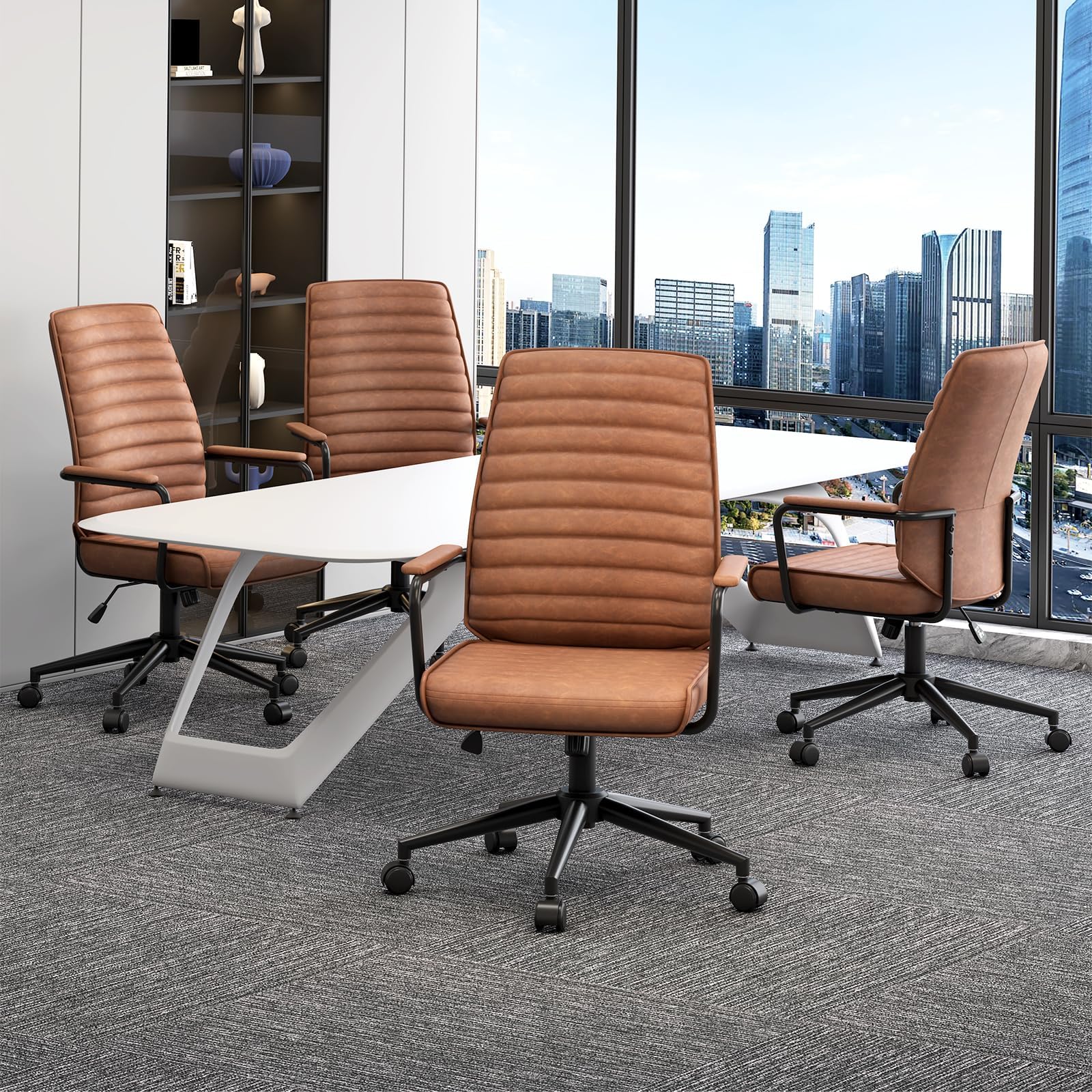 Brown Leather Executive Office Chair - Adjustable Mid-Back Swivel Desk Chair