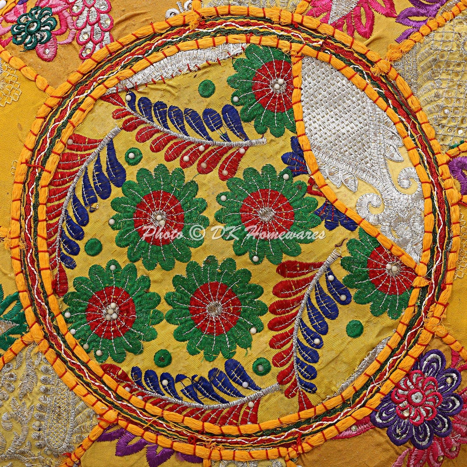 Indian Vintage Patchwork Pouffe Floor Cushion Mango Yellow Round Foot Stool Decorative