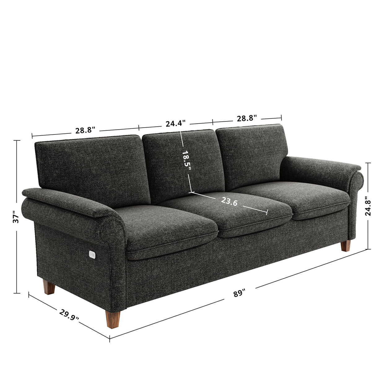 Sofa 89 Inch, Comfy Sofa Couch with USP Port, Extra Deep Seats Modern 3 Seater Sofa,