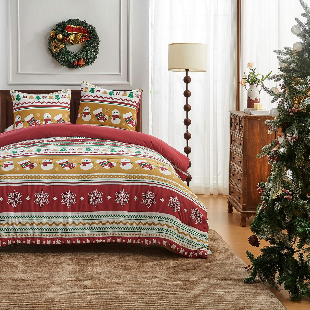 Christmas Queen Comforter Set - 4 Pieces Christmas Fluffy Bedding Sets, Farmhouse