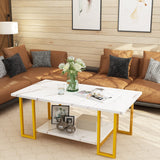 Marble Coffee Table, Faux Marble Top Rectangular Coffee Table with Gold Metal Frame