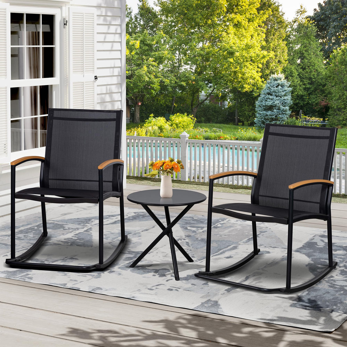 3 Piece Outdoor Rocking Bistro Set, Textilene Fabric Small Patio Furniture Set