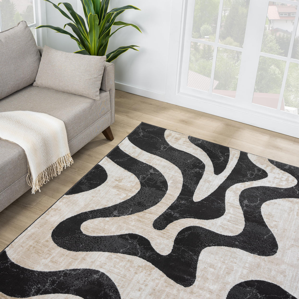 Beige Black Swirl Area Rug 4x6 - Contemporary Abstract Design