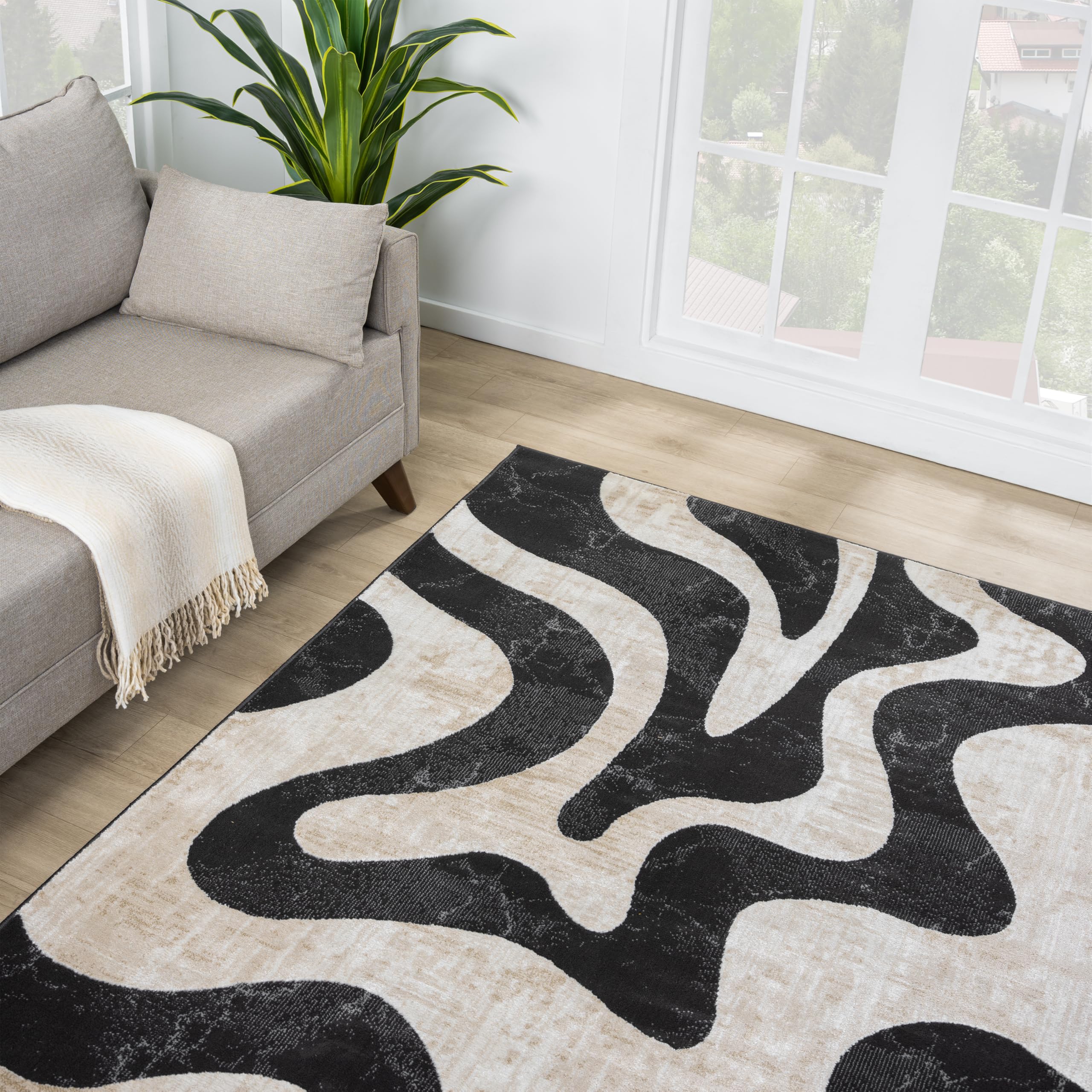 Beige Black Swirl Modern Area Rug – 4' x 6' – Contemporary Abstract Design – Terra Collection – Non-Shedding, Fade-Resistant, Easy to Clean – Durable for High Traffic Areas – Living Room & Bedroom