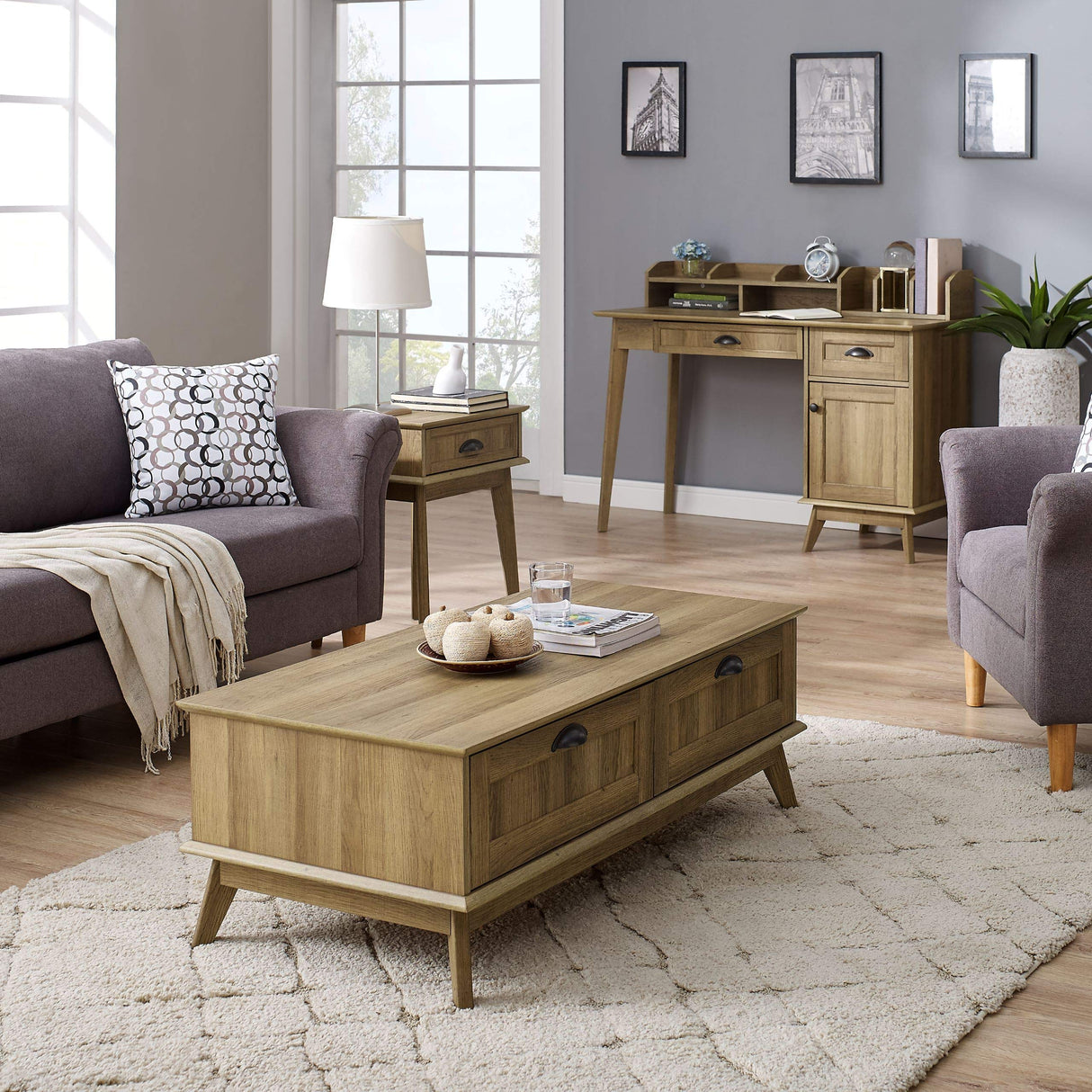 Newport Series Tall Center Coffee Table with Two Fully Extended Drawers | Sturdy and Stylish | Easy Assembly|