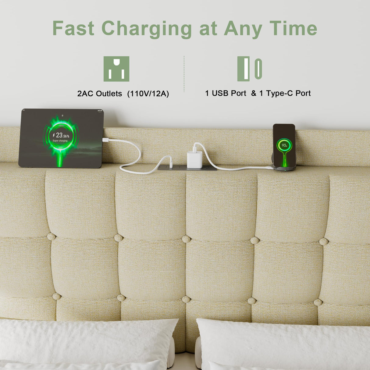 Feonase Full Size Bed Frame with Charging Station, Upholstered Platform Bed Frame with Storage Wingback Headboard, No Box Spring Needed, Easy Assembly, Beige
