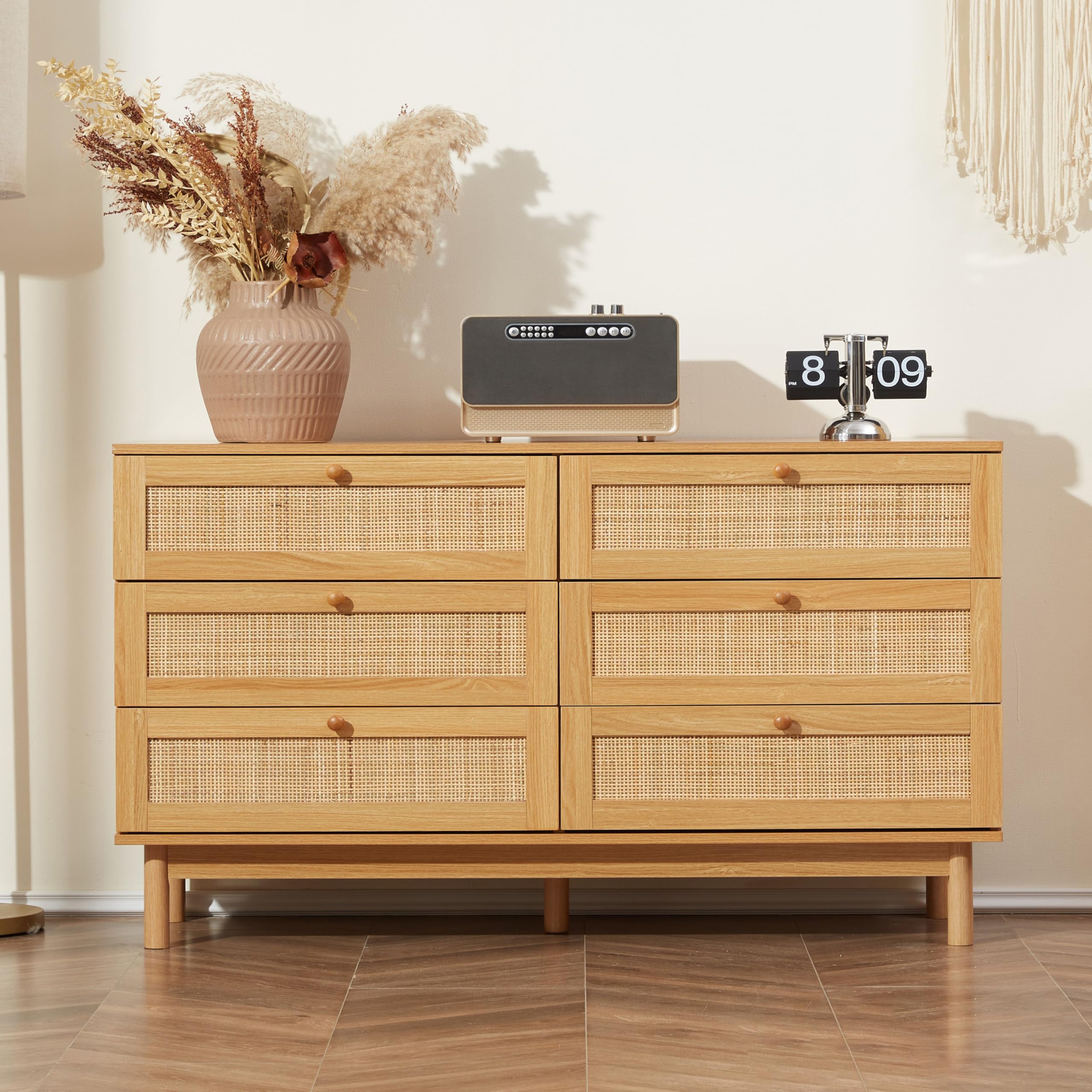 6 Drawer Rattan Dresser, 48" Modern Double Dresser