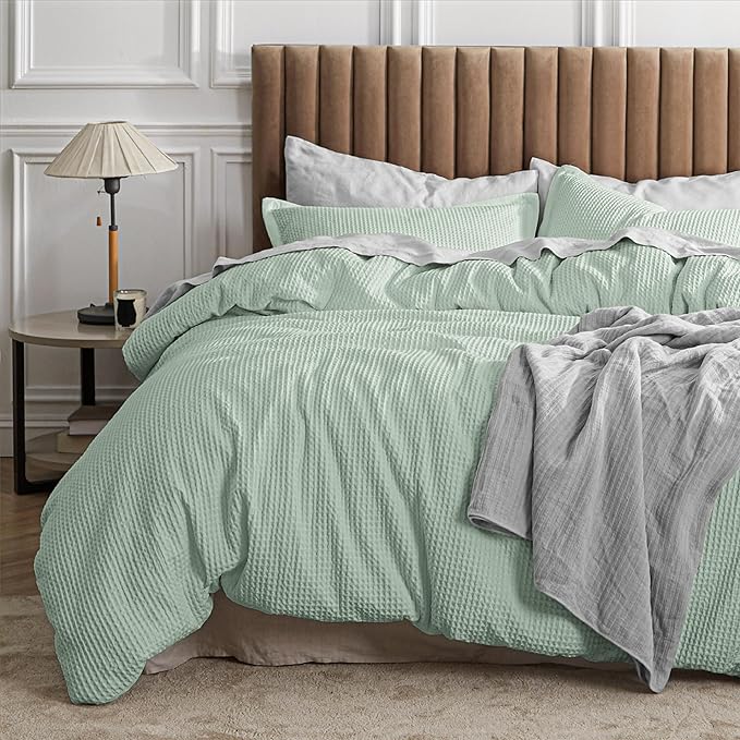Waffle Comforter Set King, Beige Soft Cotton Bedding, Waffle Weave Bed Set