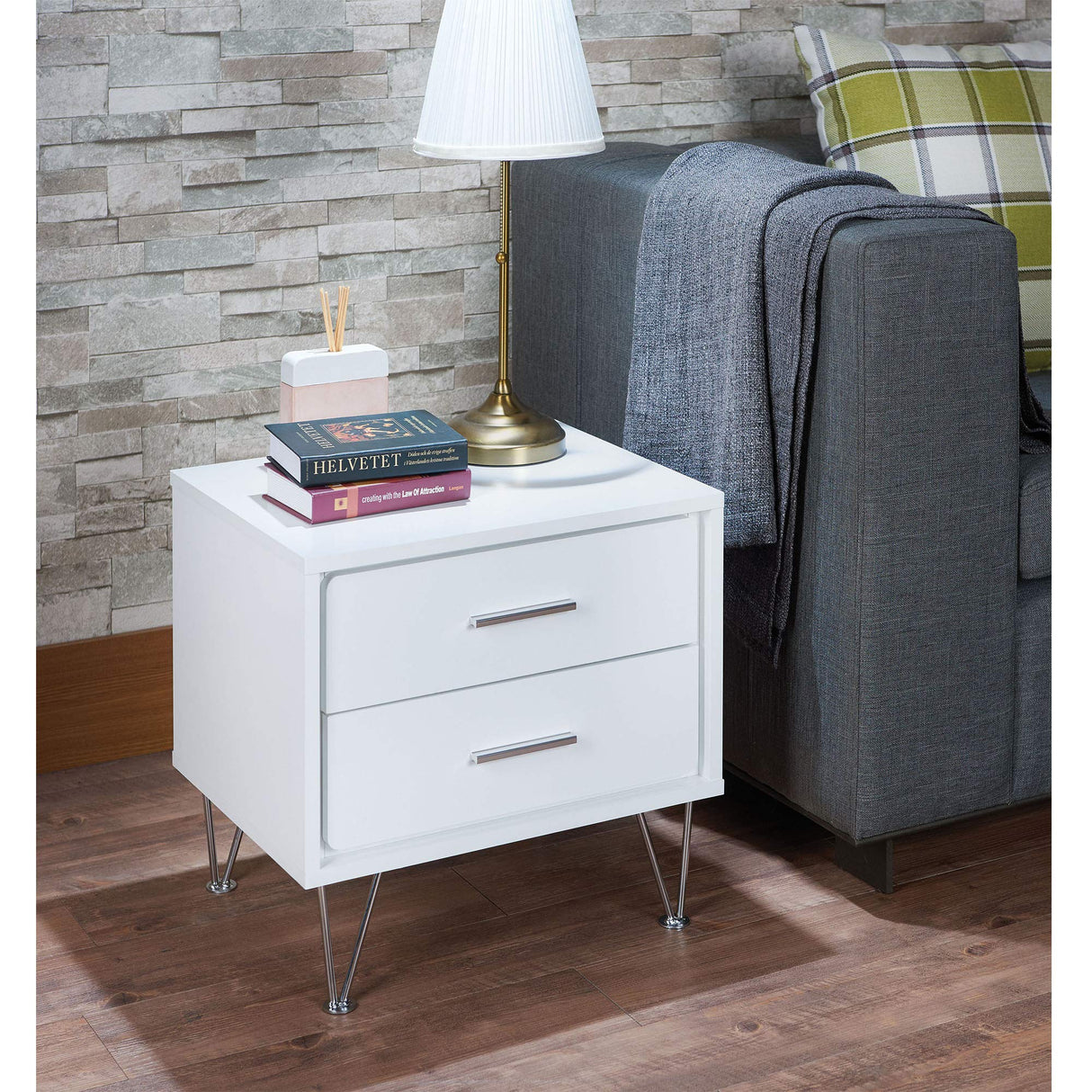 Goujxcy White Side Table, 2-Drawer Wood Nightstand with Metal Leg,20" Lx 16" W x 18" H