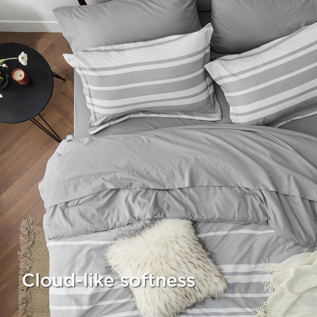 Bedsure Twin Comforter Set 5 Pieces, Gray White Striped Twin Bedding Sets All Season Bed Set, Twin Bed in a Bag with Comforter, Sheets, Pillowcase & Sham