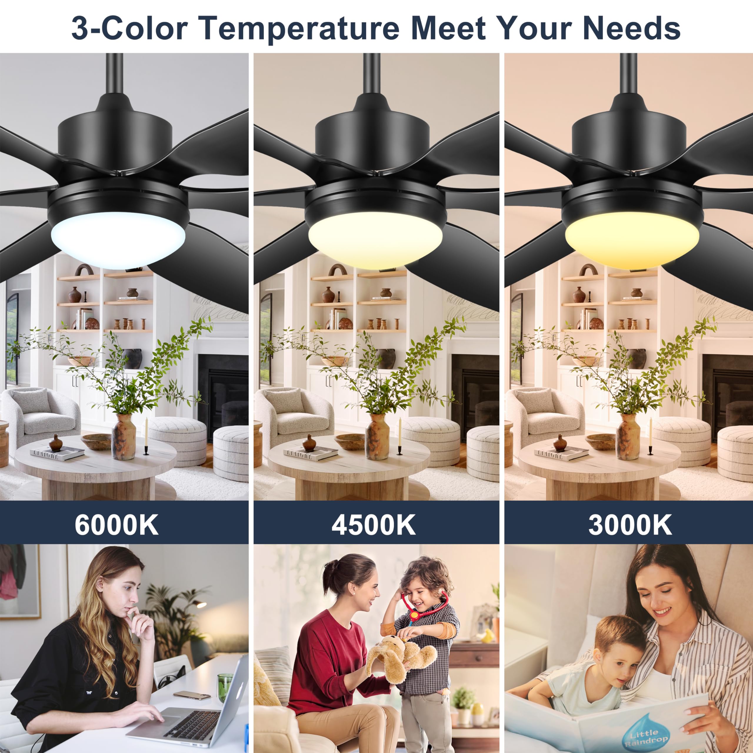 66'' Ceiling Fan with Lights Remote Control, Large Ceiling Fan Black, 6 Blades 6 Speeds
