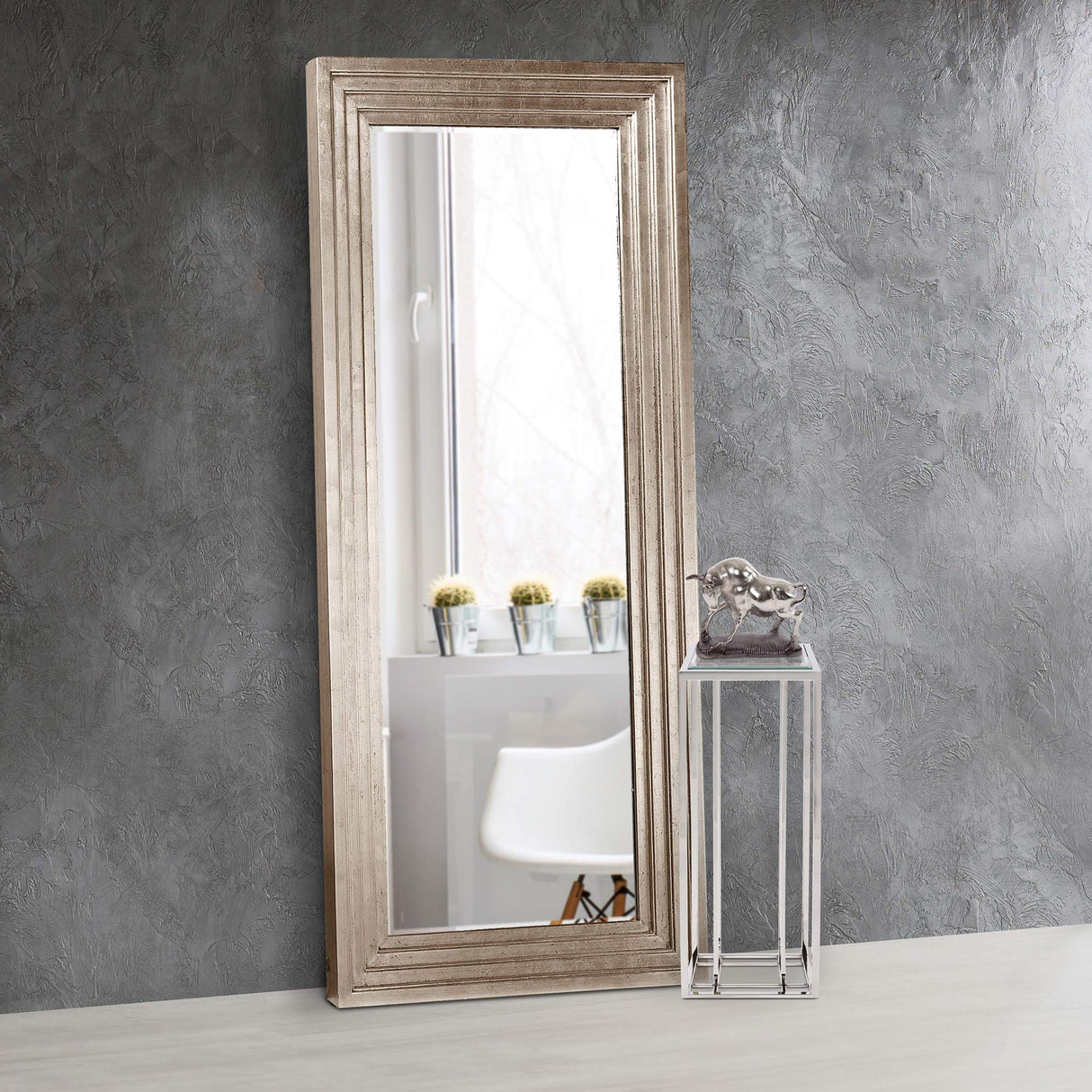 Bright Silver Leaf Tall Delano Mirror, Large Self Standing Full Length Rectangular Mirror