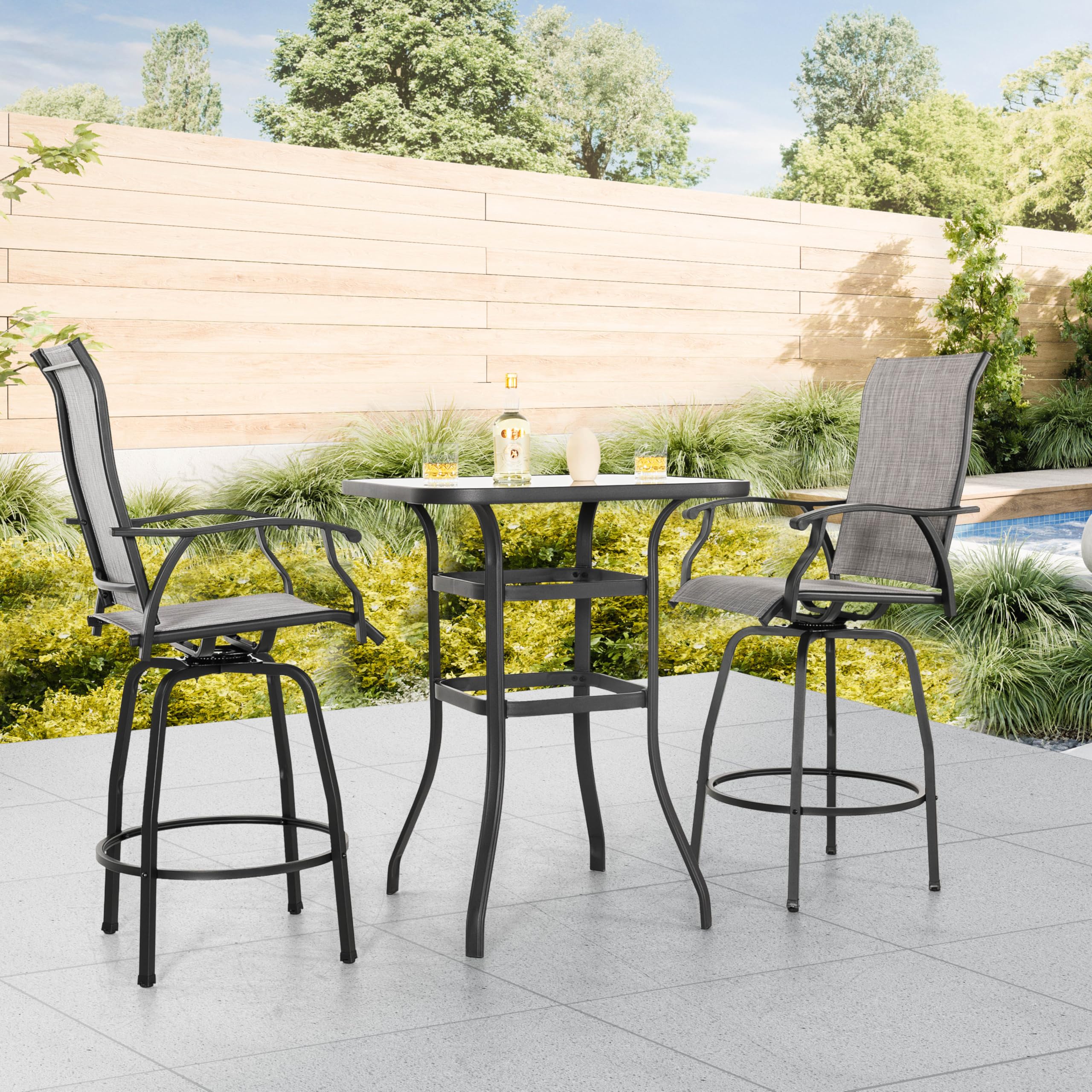 3 Piece Outdoor Patio Bar Set, Patio Bar Furniture Set, Outdoor Tempered Glass Square Bar Table
