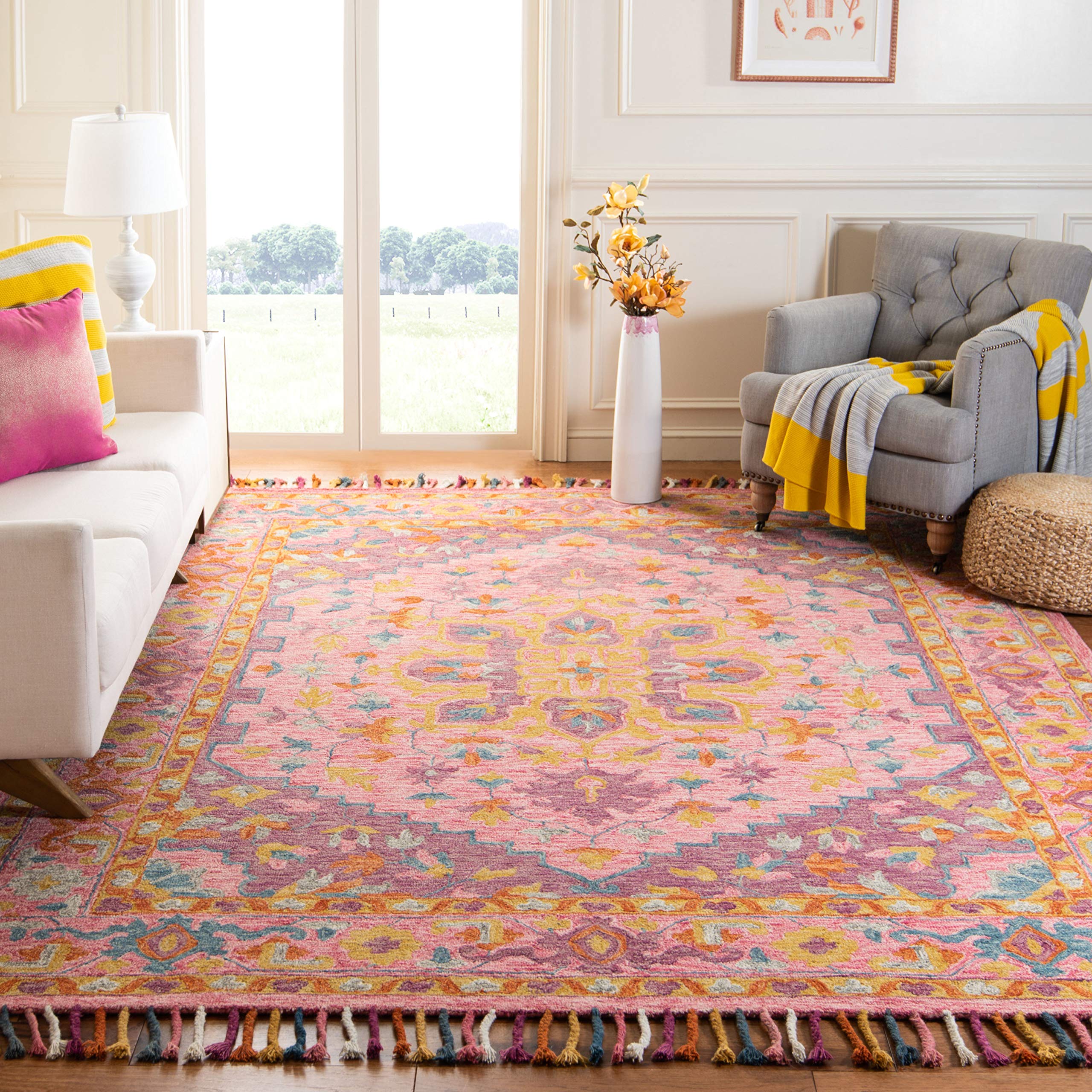 SAFAVIEH Aspen Collection Area Rug - 10' x 14', Pink & Violet, Handmade Boho Braided Tassel Wool, Ideal for High Traffic Areas in Living Room, Bedroom (APN226A)