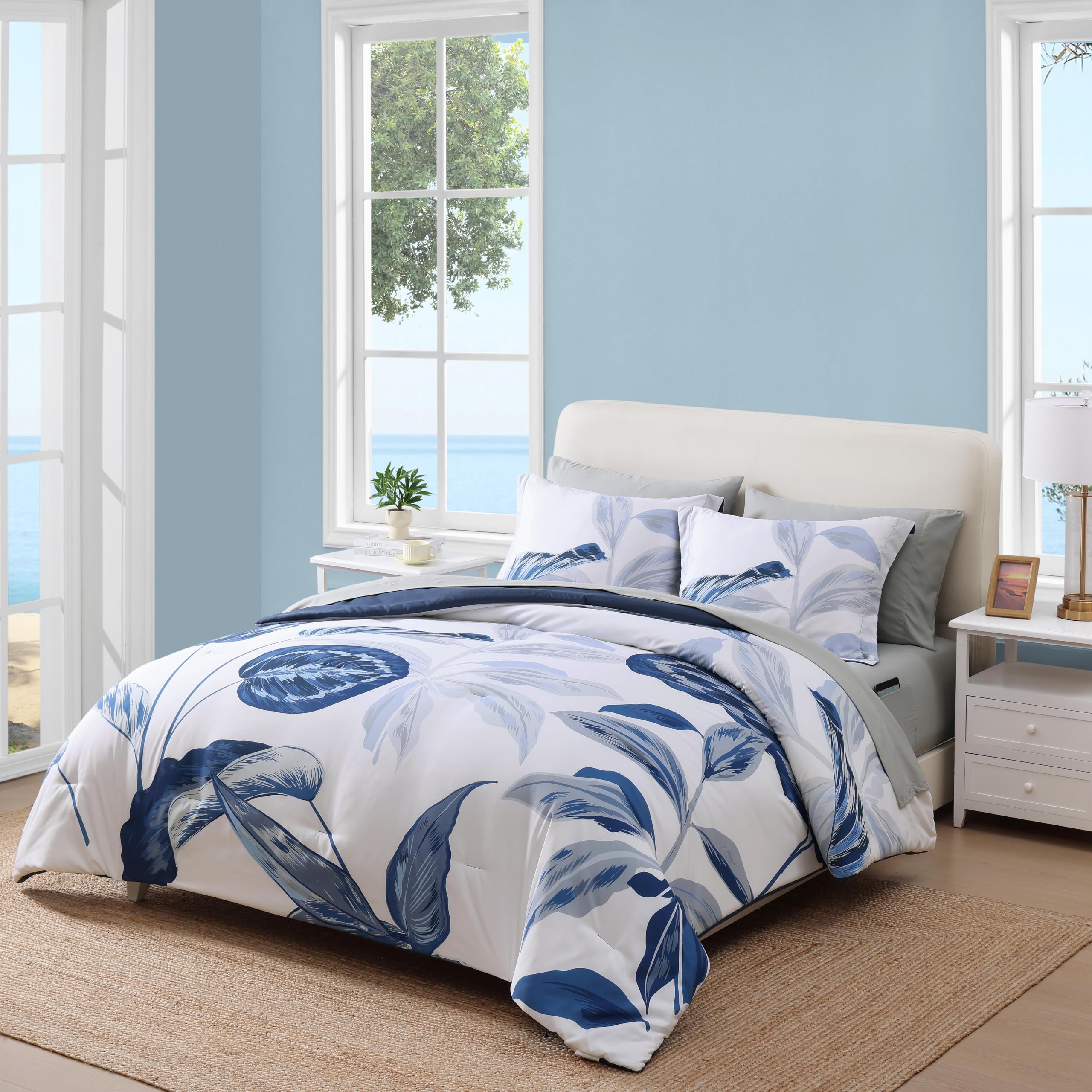 Queen Comforter Set - 7 Piece Blue Tropical Leaves Bedding Collection