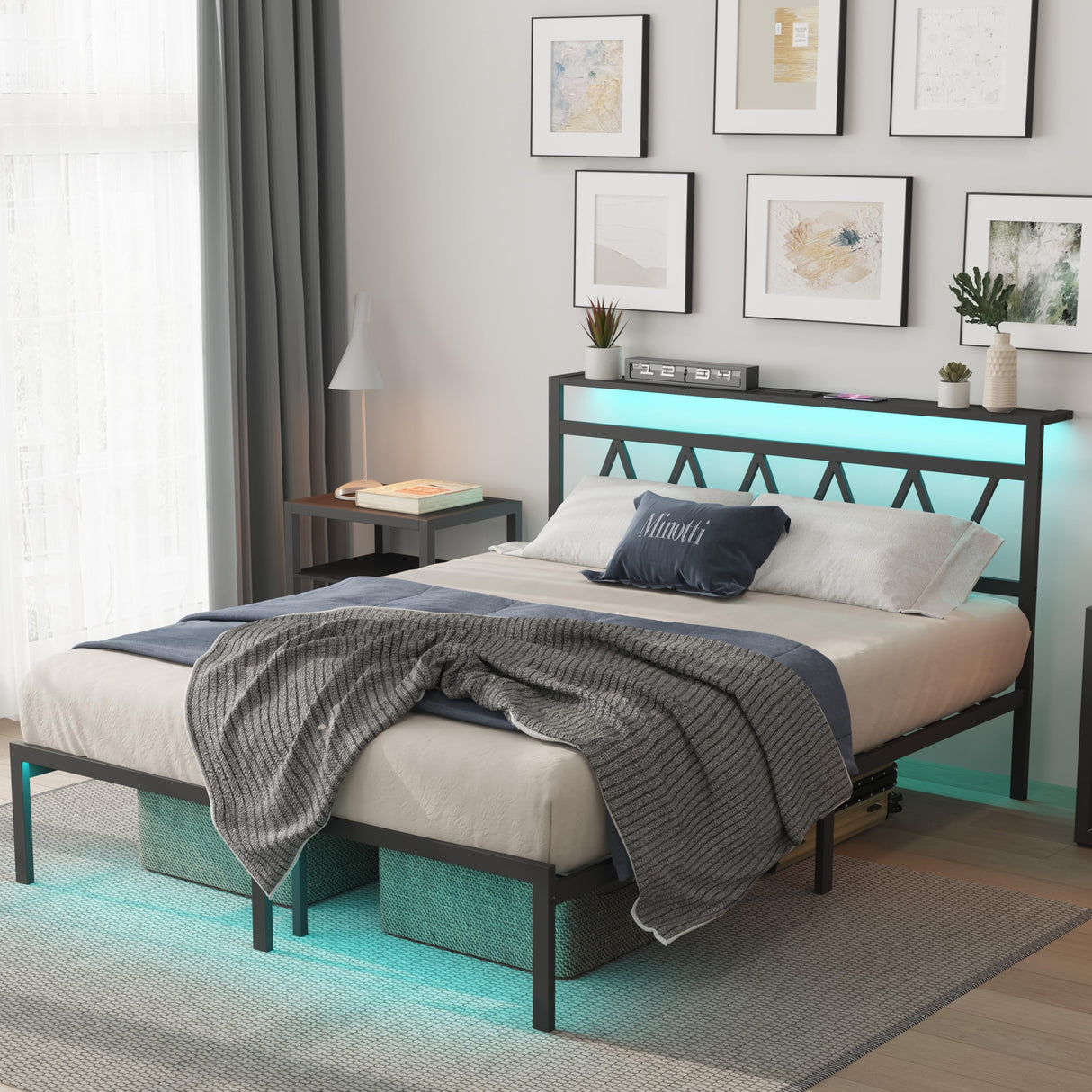 Full Bed Frame with Smart LED Lights, Storage Headboard and USB Charging Station