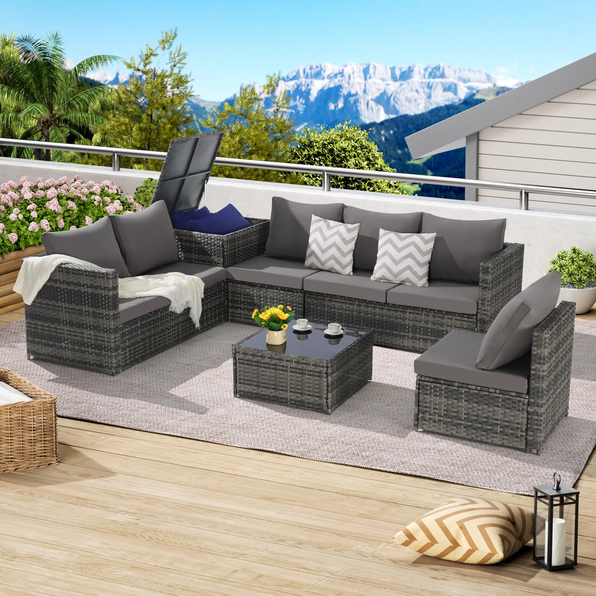 6 Pieces Outdoor Patio Furniture PE Rattan Wicker L Shaped Conversation Modular