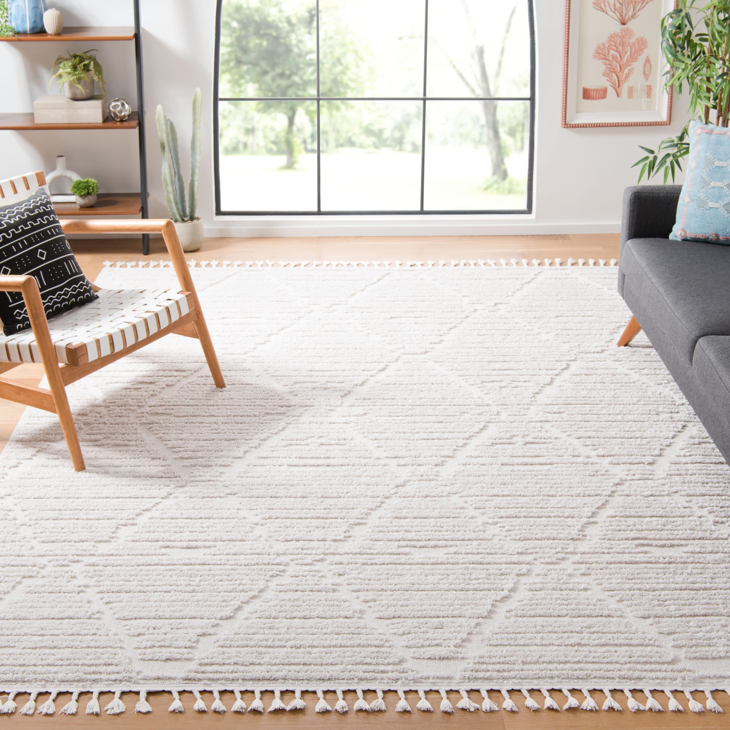 Collection Area Rug - 9' x 12', Beige, Moroccan Boho Tribal Tassel Design,