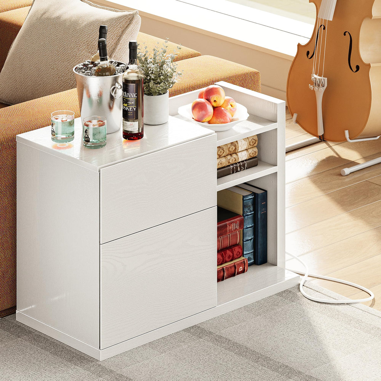 White Night Stand with Shelves, Charging Station & LED, 2 Drawer Wooden Bedside Table