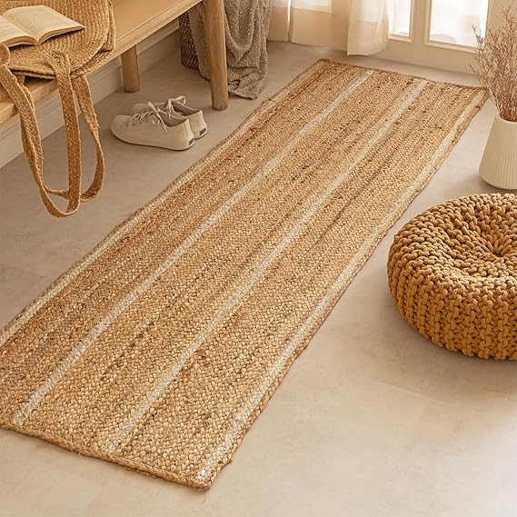 Natural Braided Jute Area Rug 8x10 - Off White Stripe Reversible