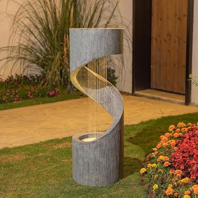 Tiered Outdoor Water Fountain with LED Light, Curved Outdoor Fountain Waterfal