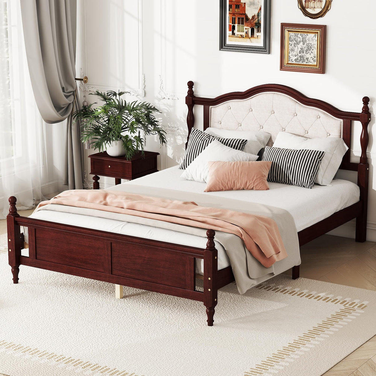Queen Pine Wooden Bed with Upholstered Headboard - Classic Cherry