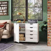 5-Drawer Wood Dresser Chest with Door, Mobile Storage Cabinet, Printer Stand