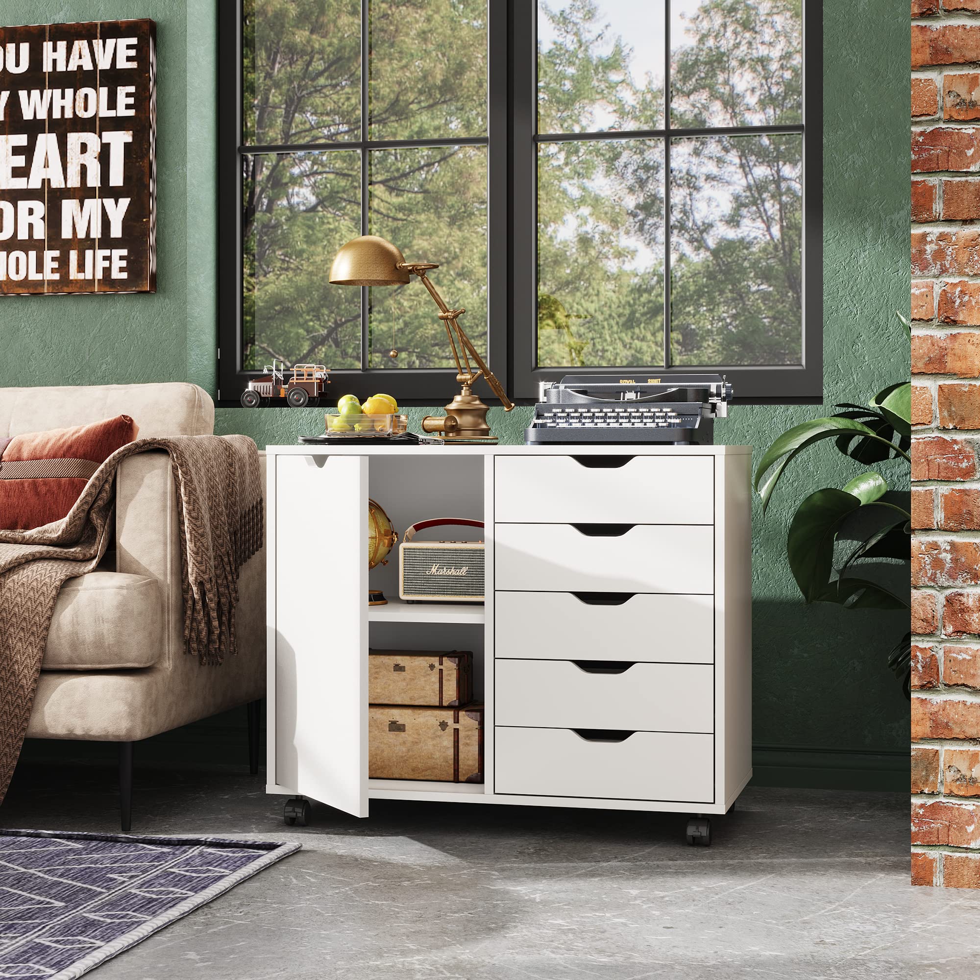 5-Drawer Wood Dresser Chest with Door, Mobile Storage Cabinet, Printer Stand
