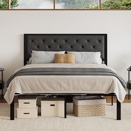 Twin Size Metal Platform Bed Frame,Fabric Upholstered Button Tufted Headboard