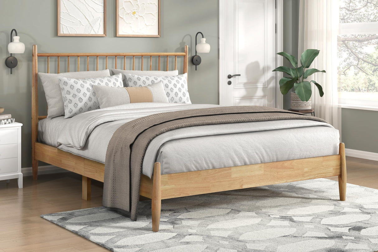 Natural Finish Wooden Queen Platform Bed 1pc Mid-Century Modern Bedroom Furniture