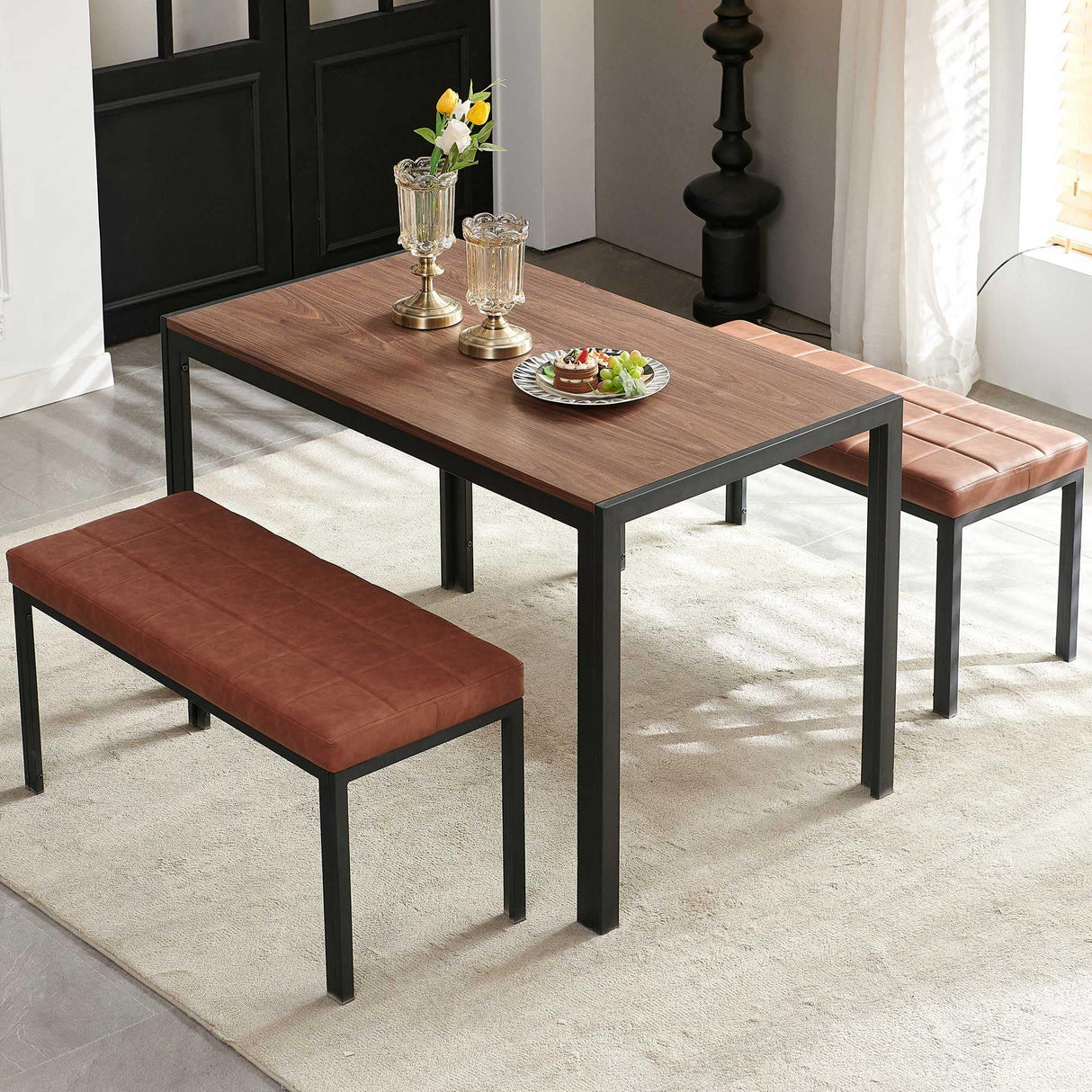 47" Dining Table, 4-Person Indoor Walnut Wood Grain Effect Table with Metal Legs