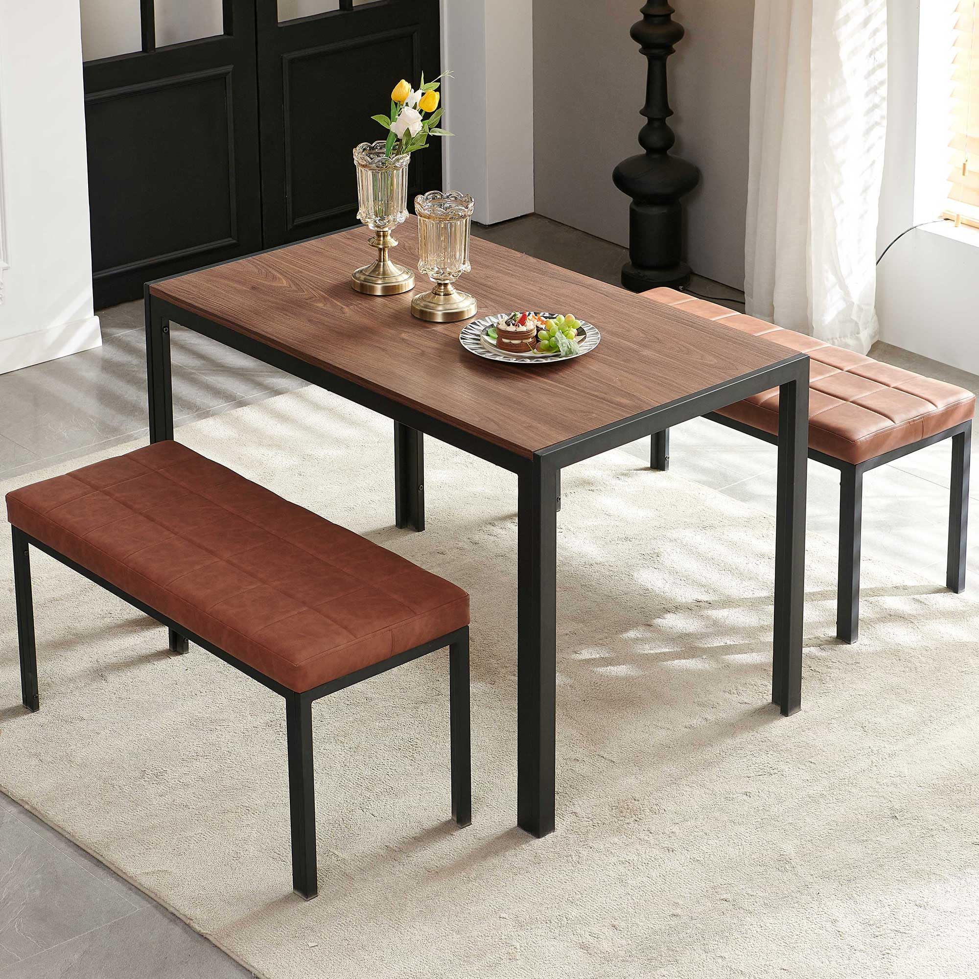 47" Dining Table, 4-Person Indoor Walnut Wood Grain Effect Table with Metal Legs