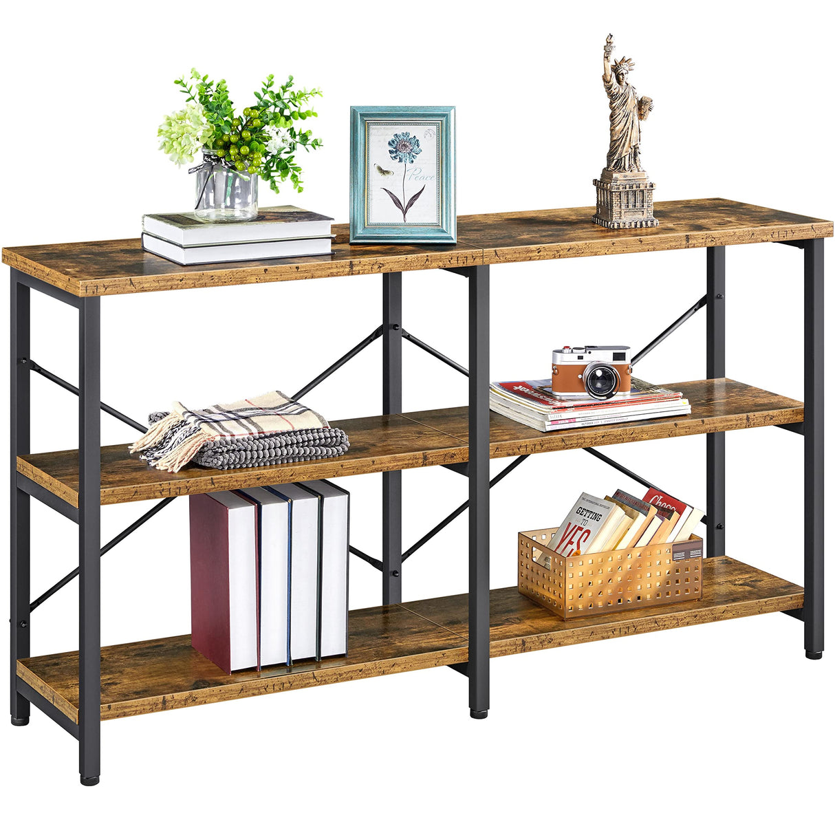 55 Inch Console Table, Industrial Entryway Table with 3-Tier Storage Shelves