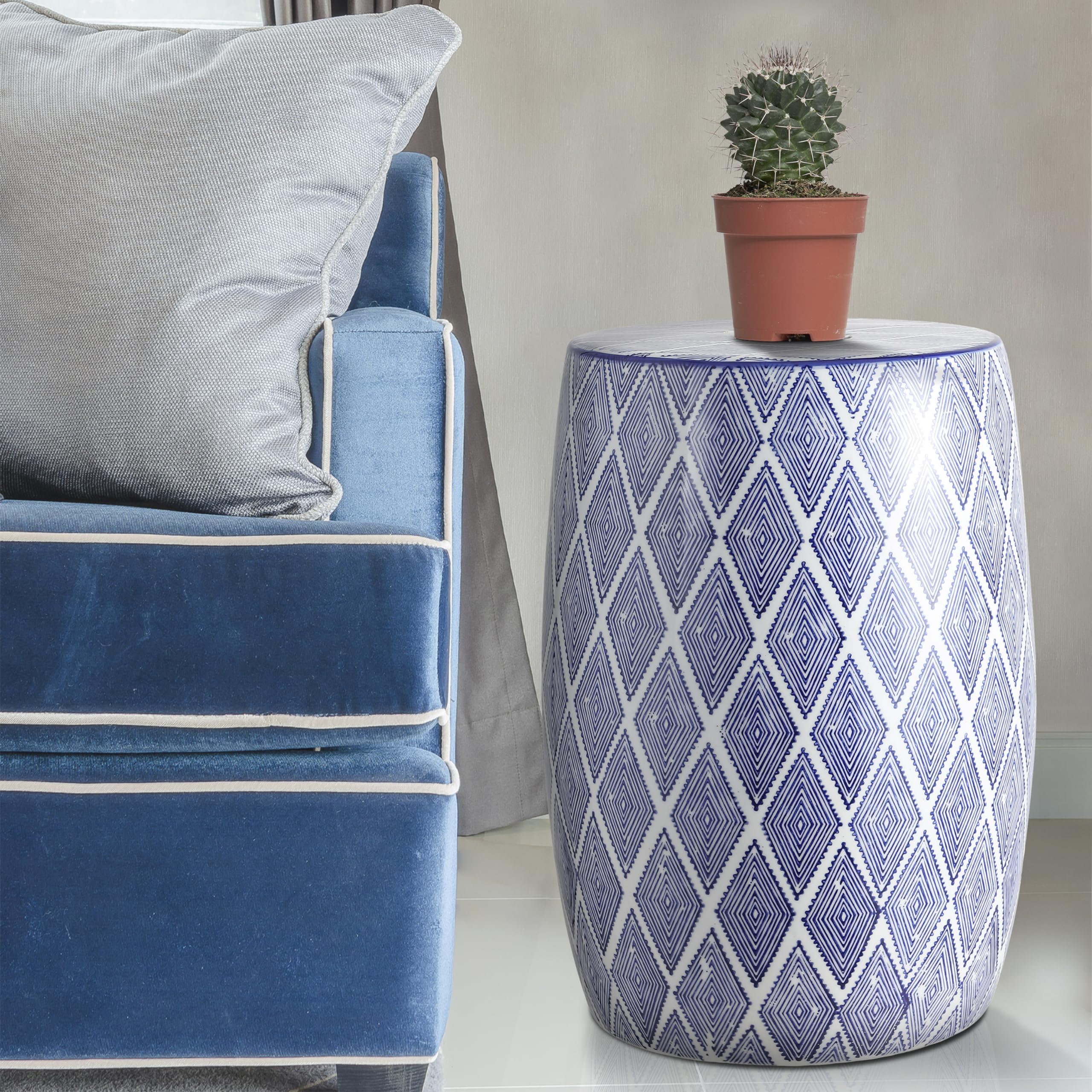 TBL1019A Moroccan Diamonds 18" Ceramic Drum Garden Stool, Coastal, Contemporary, Transitional,