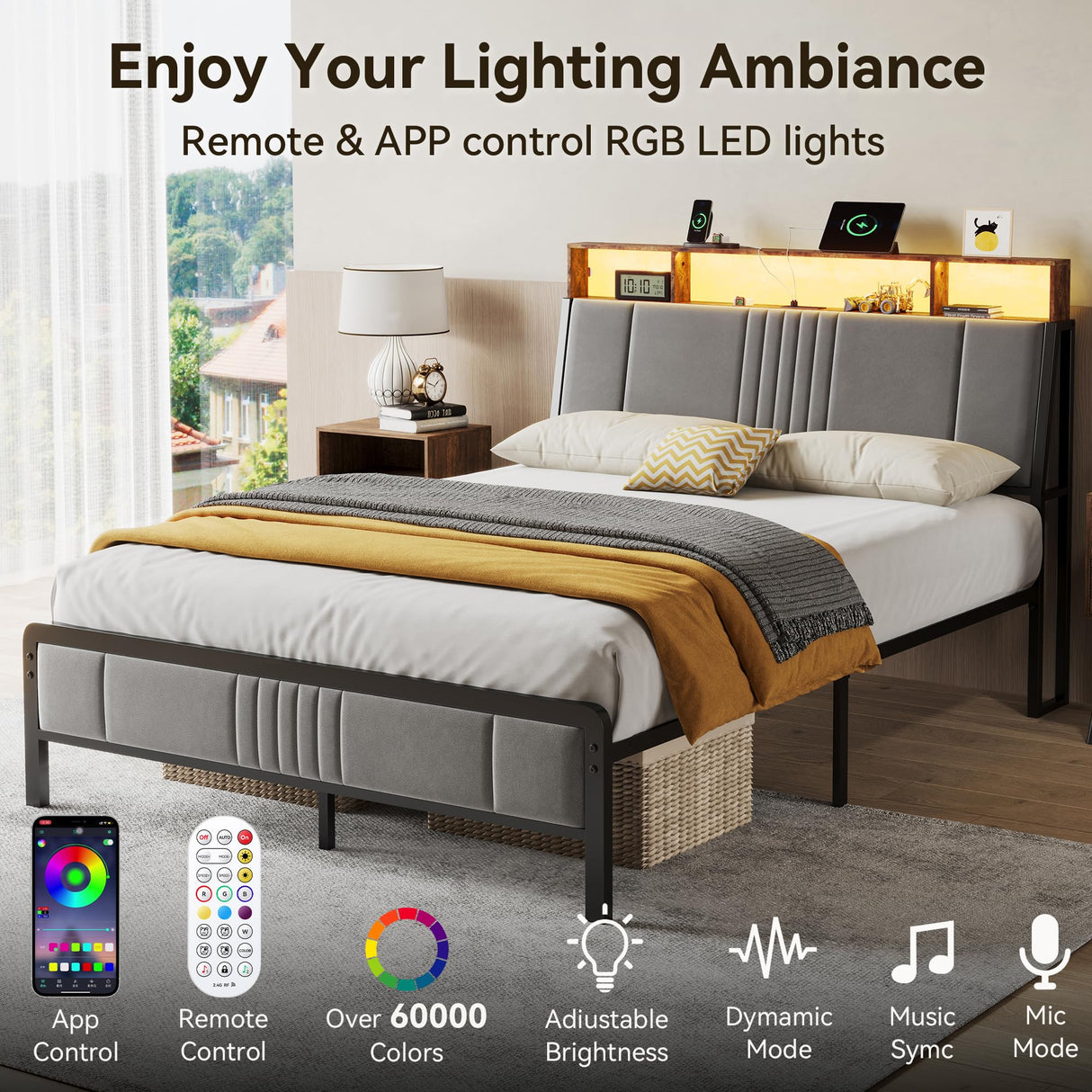 Full Size Upholstered Platform Bed with LED Lights and Charging Station