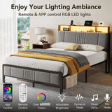 Full Size Upholstered Platform Bed with LED Lights and Charging Station