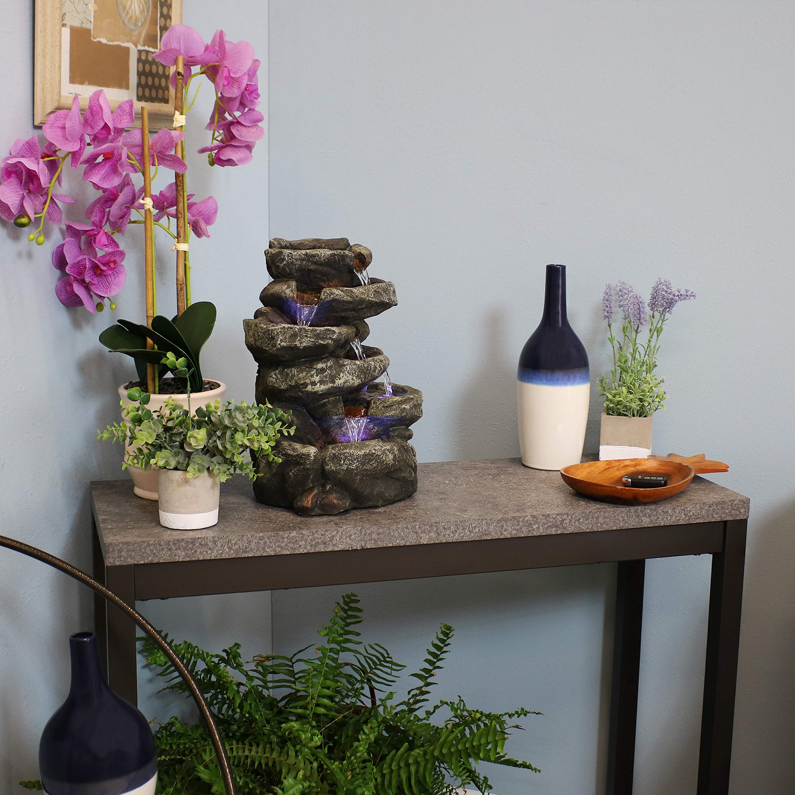 Stone Falls 15-Inch 6-Tier Tabletop Water Fountain with LED Lights - Electric