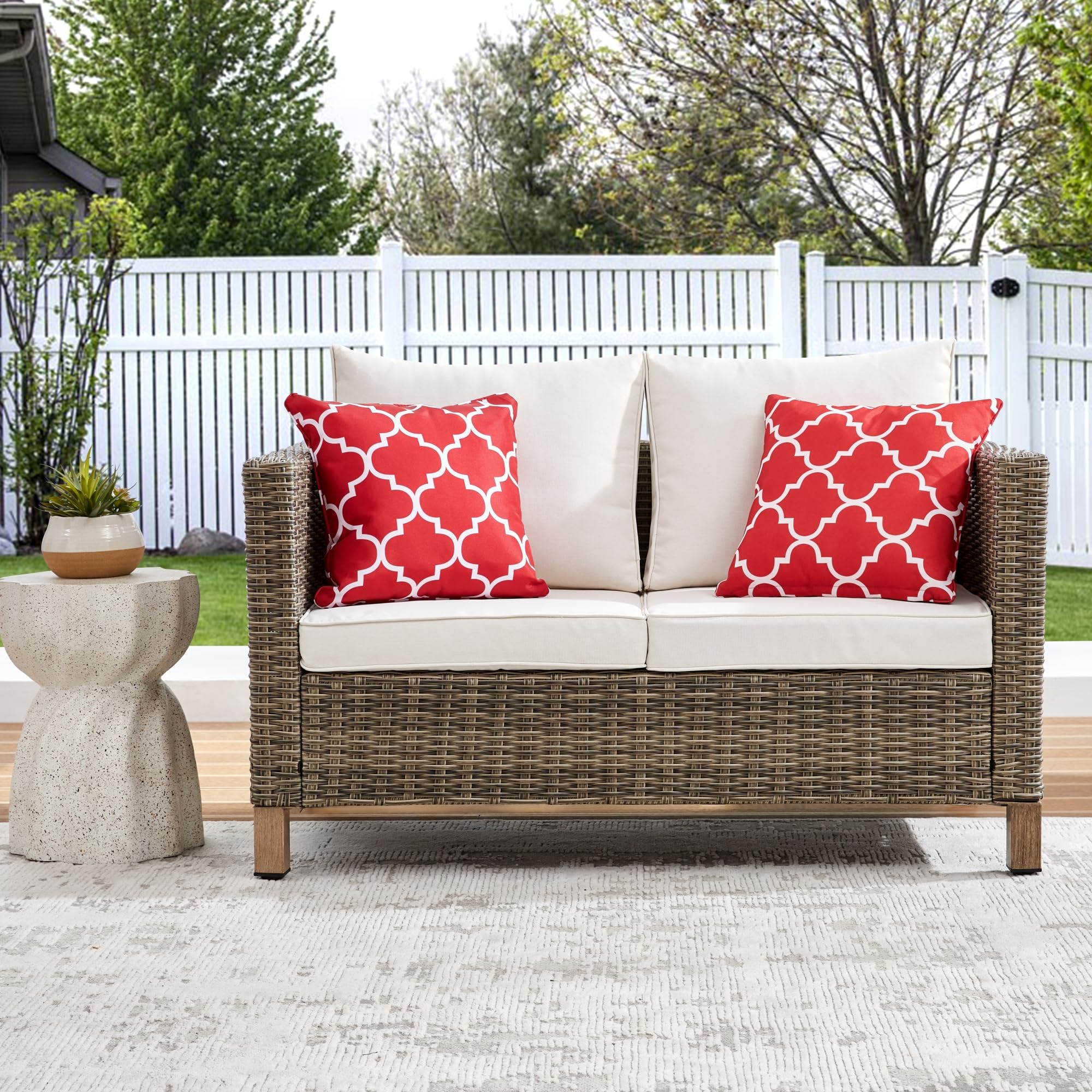 Outdoor PE Wicker Loveseat Sofa, All Weather 2 Seater Small Patio Sofa