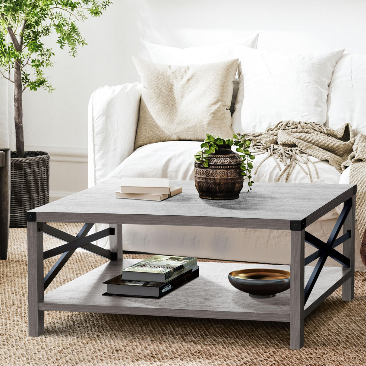 Rustic Coffee Table with Storage Shelf, Rectangle Vintage Wood Style w