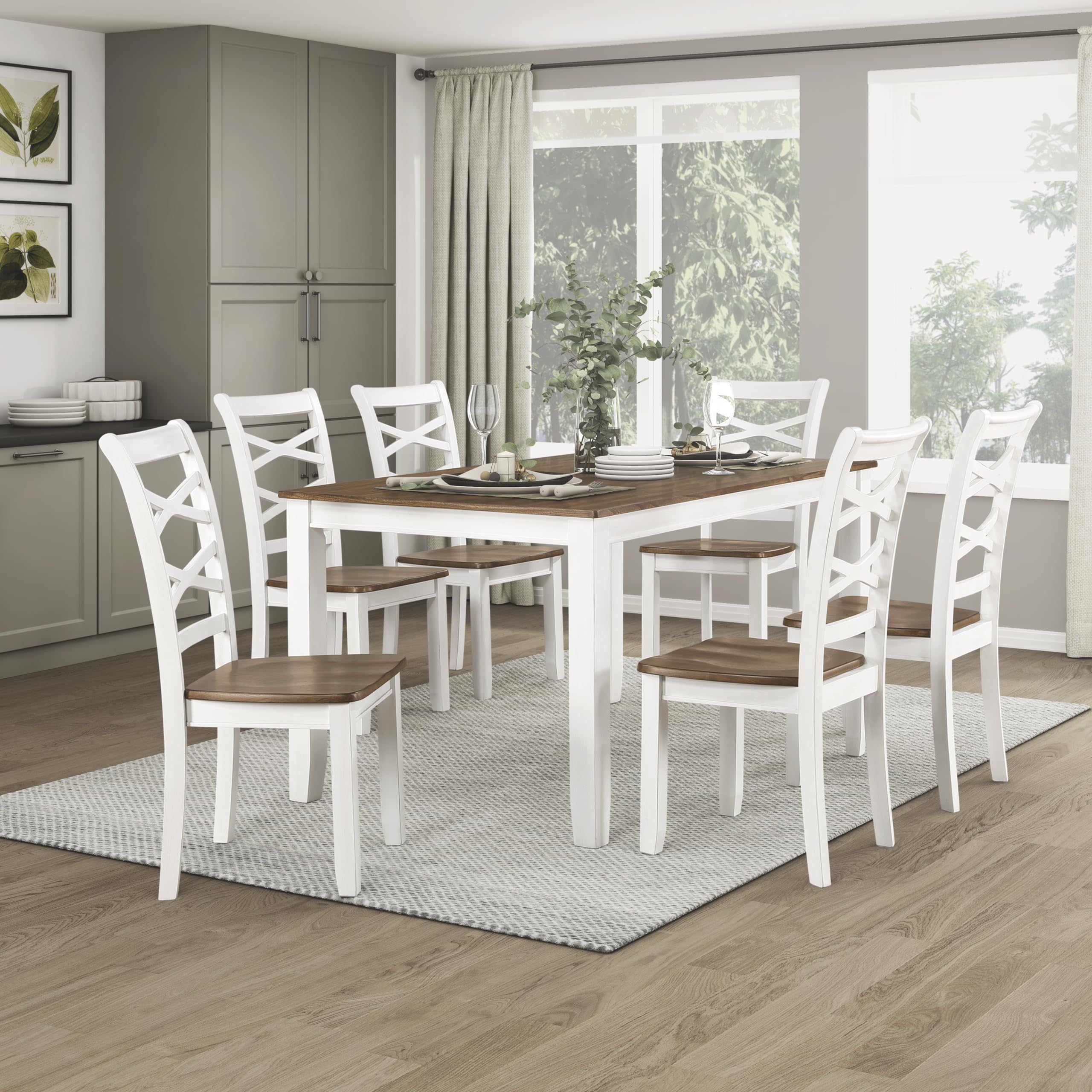 7-Piece Farmhouse Dining Table Set with Cross Back Chairs