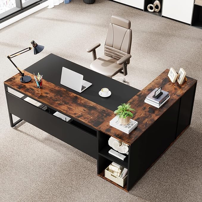 71 inch Executive Desk, L Shaped Desk with Cabinet Storage, Executive Office Desk