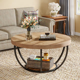 31.7" Round Coffee Table, Industrial 2-Tier Circle Coffee Table with Storage Shelves