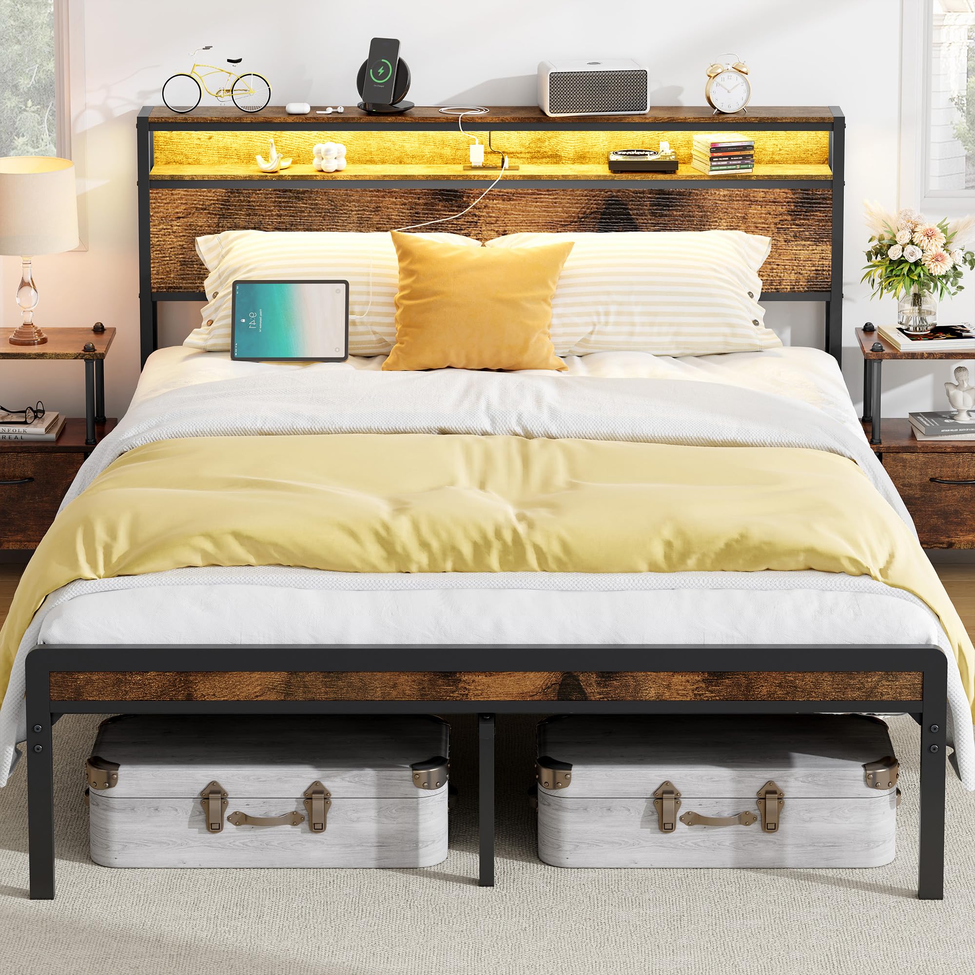 Full Size Bed Frame with Storage Headboard