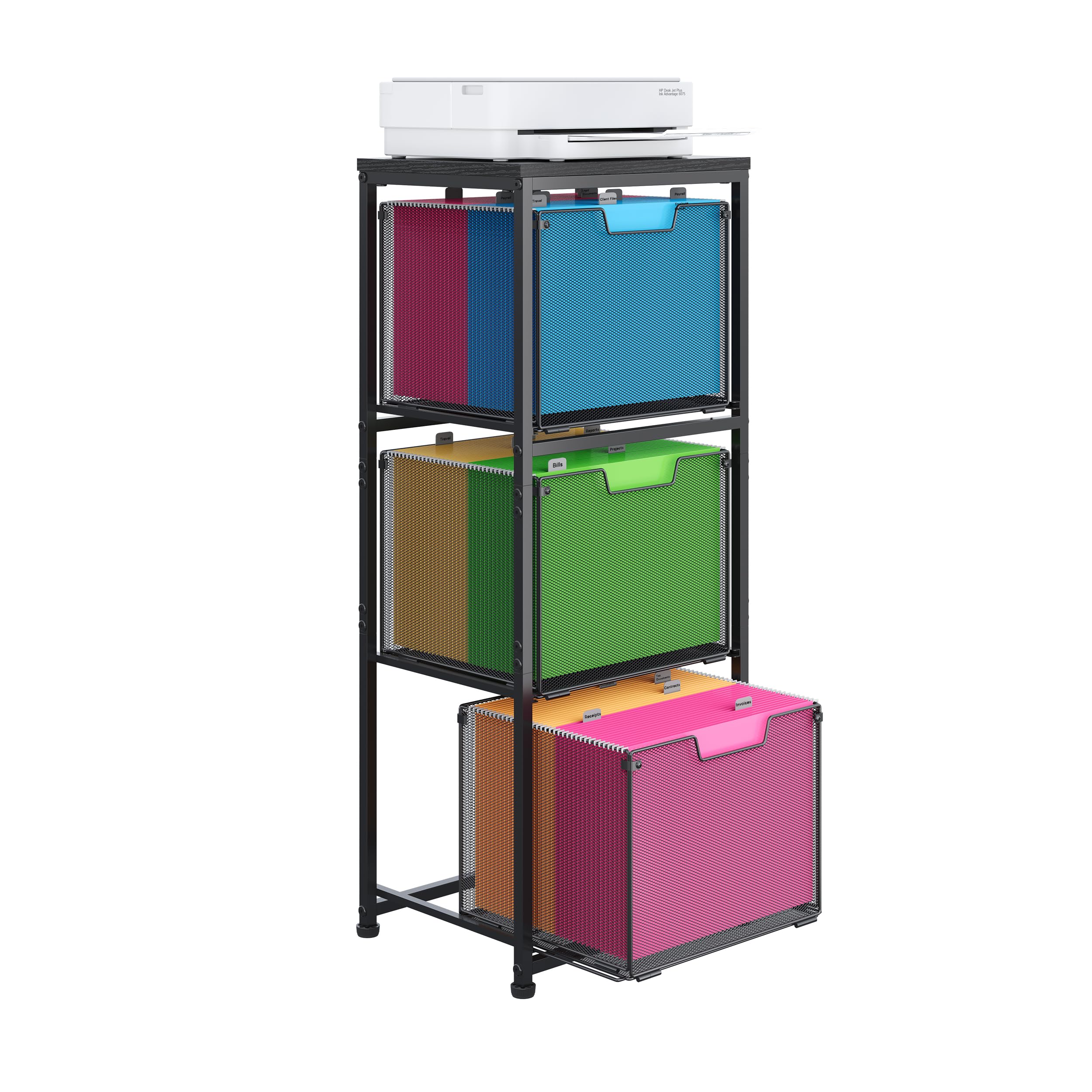 3 Drawer File Cabinet Organizer, Hanging File Storage Rack with Metal Frame & Wood