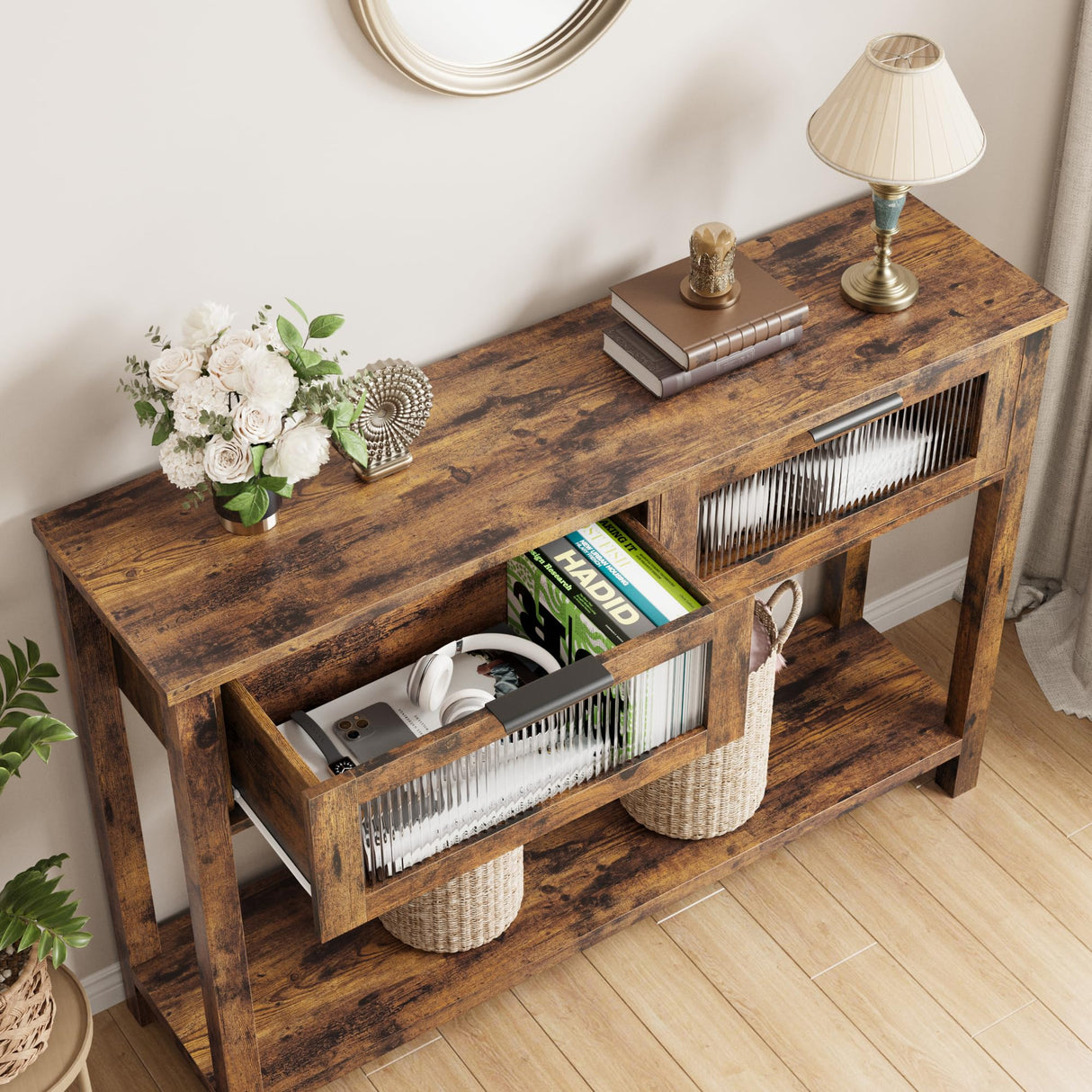 Entryway Table, Wood Sofa Table with 2 Glass Drawers, 2 Tier Console Table Storage