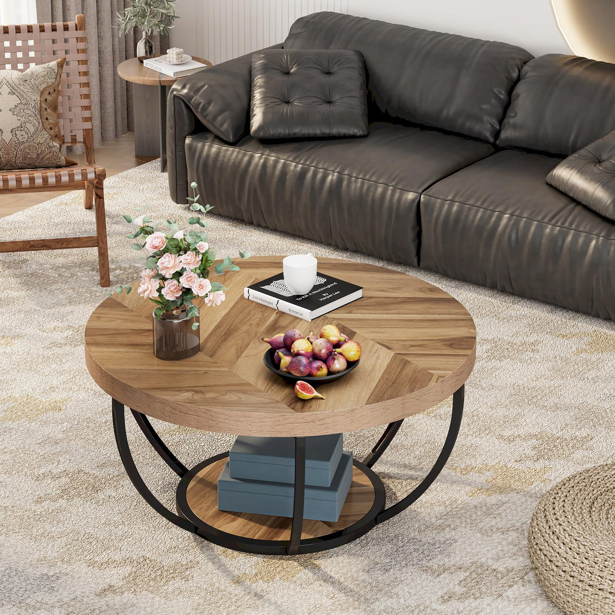 31.7" Round Coffee Table, Industrial 2-Tier Circle Coffee Table with Storage Shelves